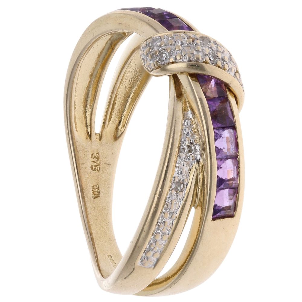 9ct Yellow Gold 0.10ct Diamond and Amethyst Crossover Ring