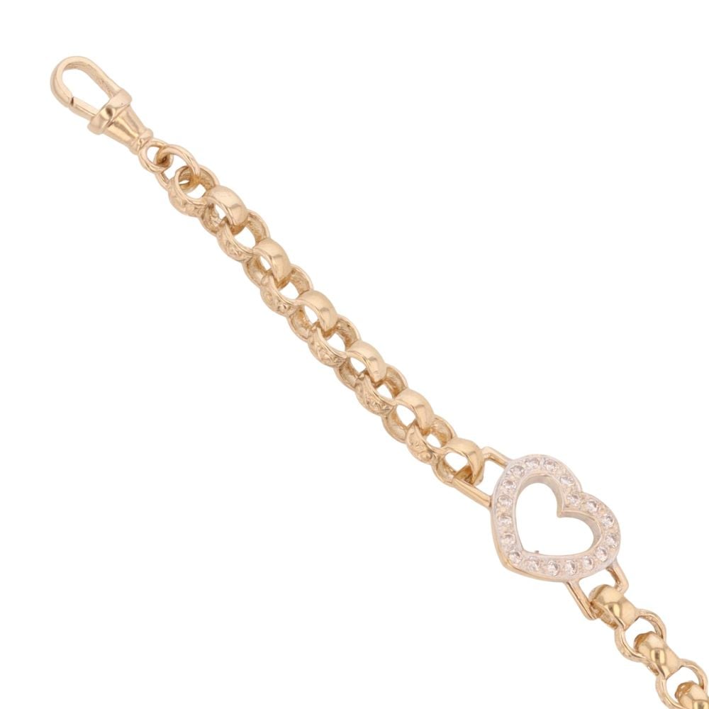 9ct Yellow Gold Cubic Zirconia Heart Patterned and Plain Belcher Bracelet 6"