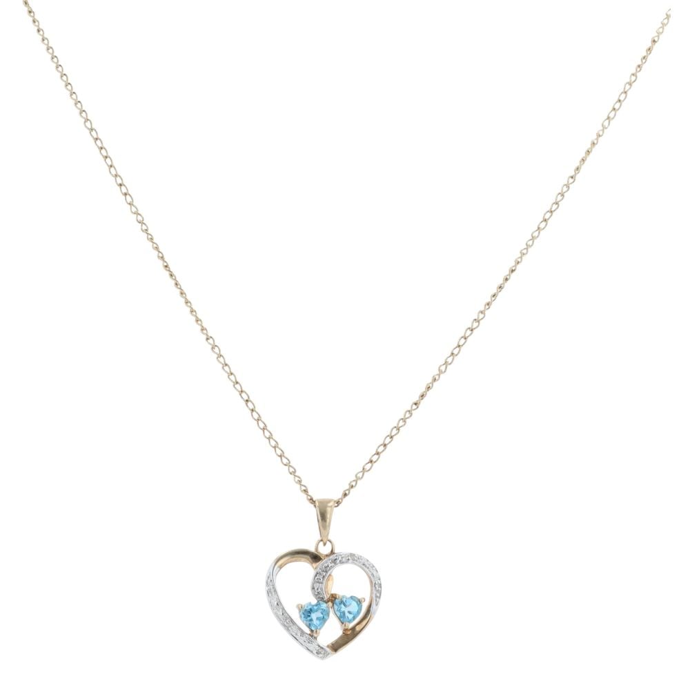 9ct Yellow Gold 0.06ct Diamond and Aquamarine Heart Pendant and Chain 18"