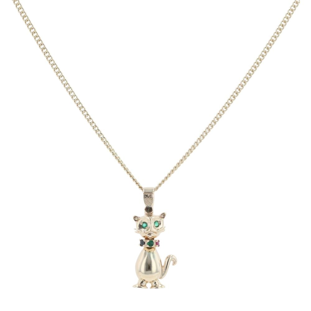 9ct Yellow Gold Multi-Gemstone Cat Pendant and Chain 24"
