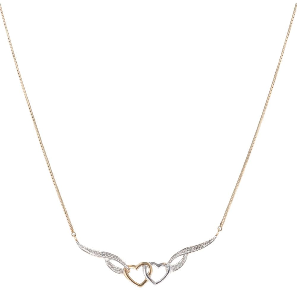 9ct Yellow and White Gold 0.02ct Diamond Double Heart Collarette Chain 18"