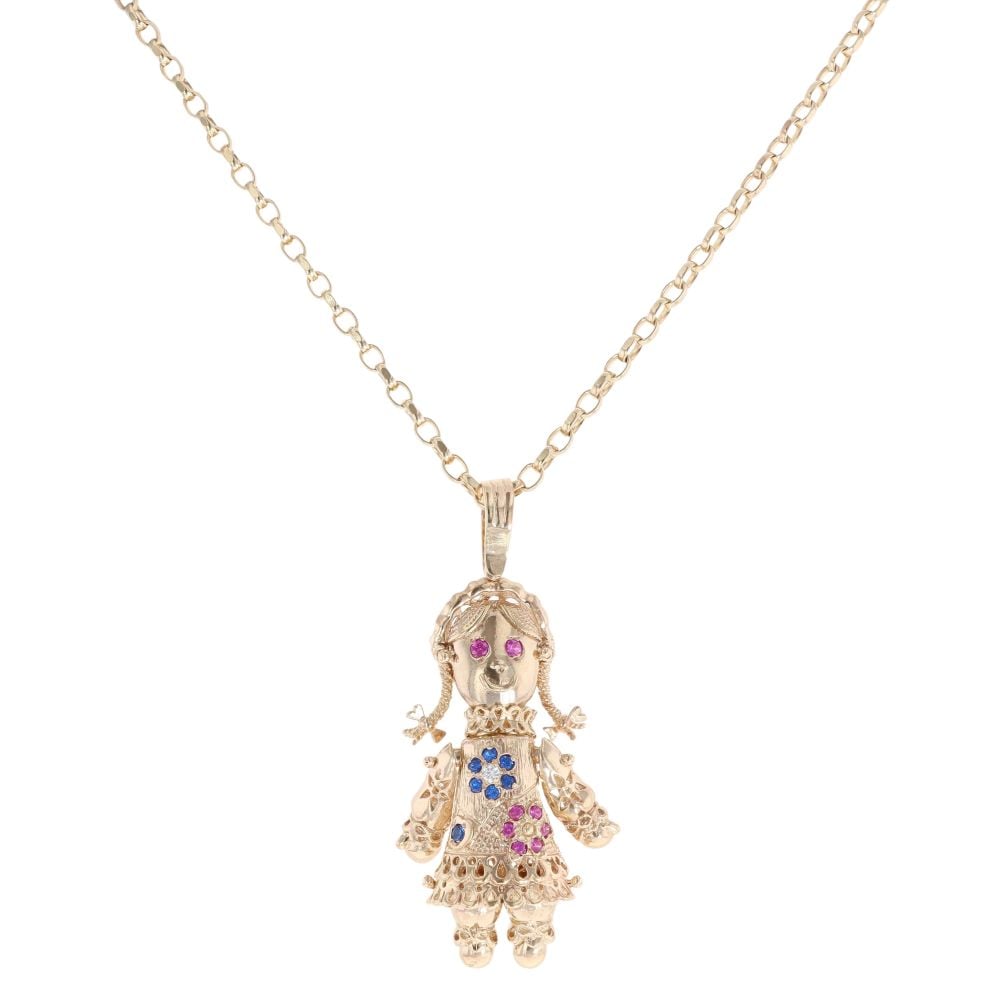 9ct Yellow Gold Multi-Gemstone Ragdoll Pendant and Chain 24"