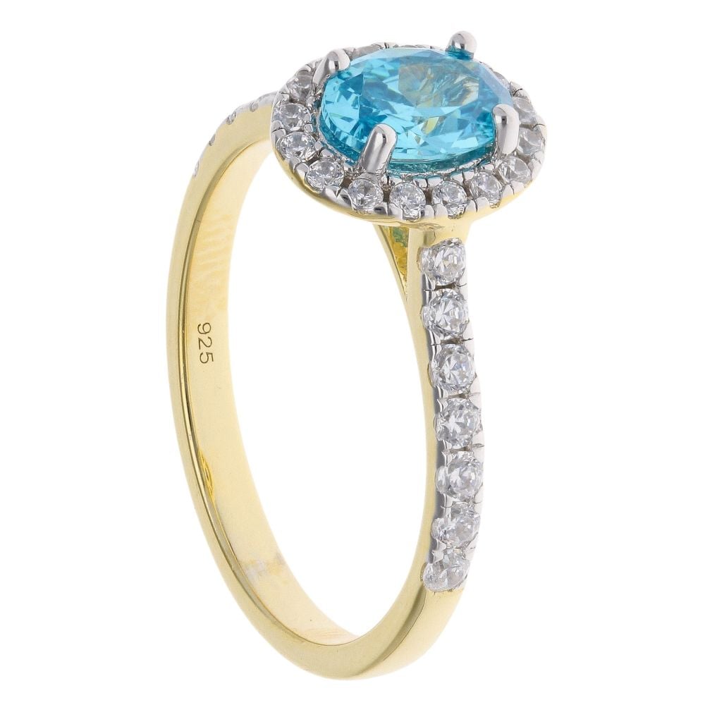 Gold Plated Silver Aquamarine And Cubic Zirconia Cluster Ring