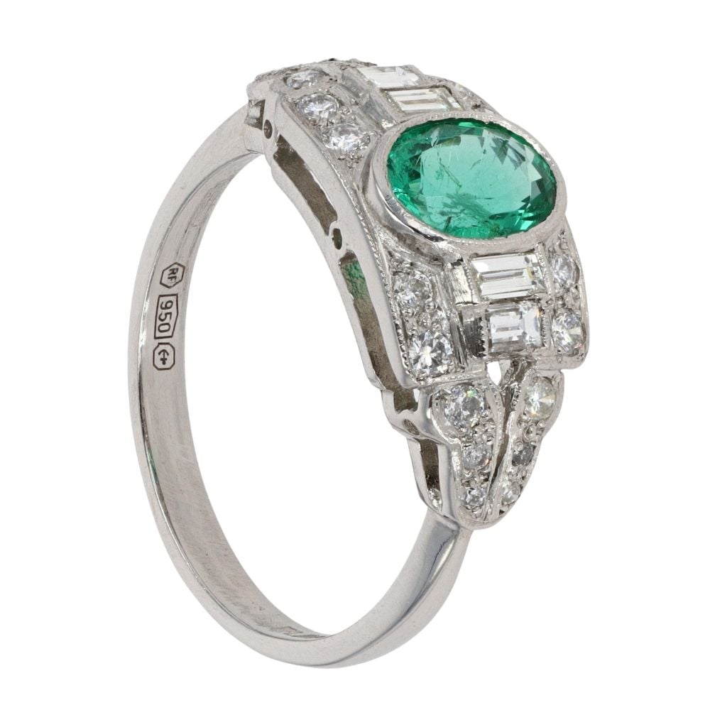 Platinum 0.70ct Emerald and 0.55ct Diamond Vintage Inspired Ring