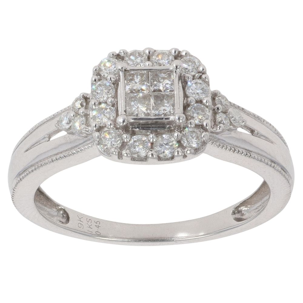 9ct White Gold 0.45ct Princess and Brilliant Cut Diamond Cluster Ring