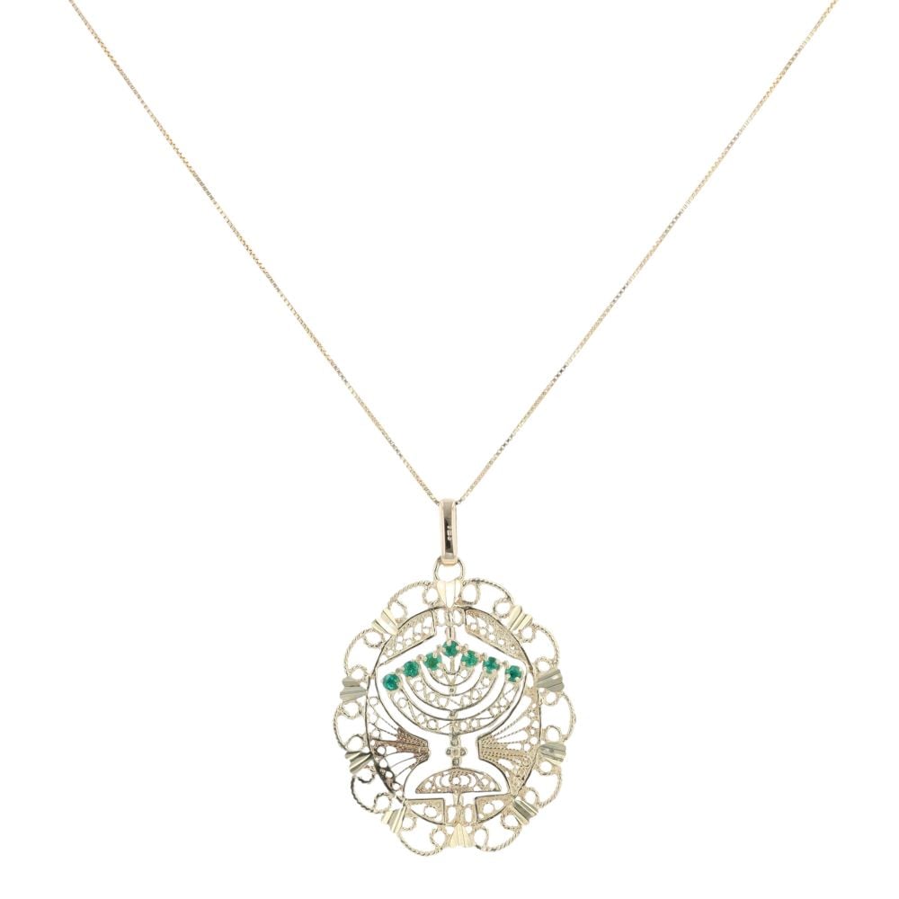 9ct Yellow Gold Emerald And Sapphire Menorah Pendant And Chain 18"