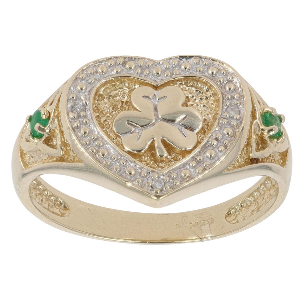 9ct Yellow And White Gold 0.05ct Diamond And Emerald Shamrock Heart Ring