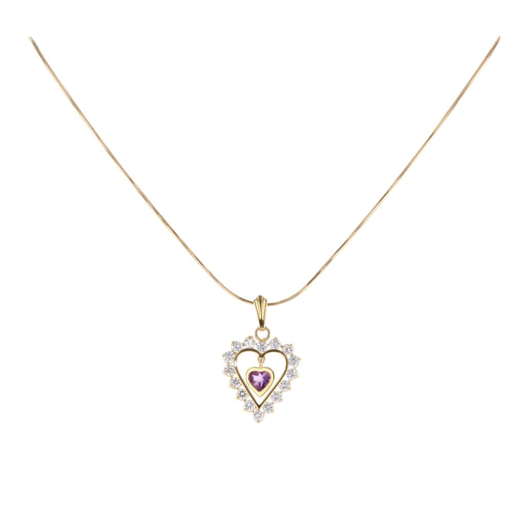 18ct Yellow Gold Amethyst and Cubic Zirconia Heart Pendant And Chain 18"