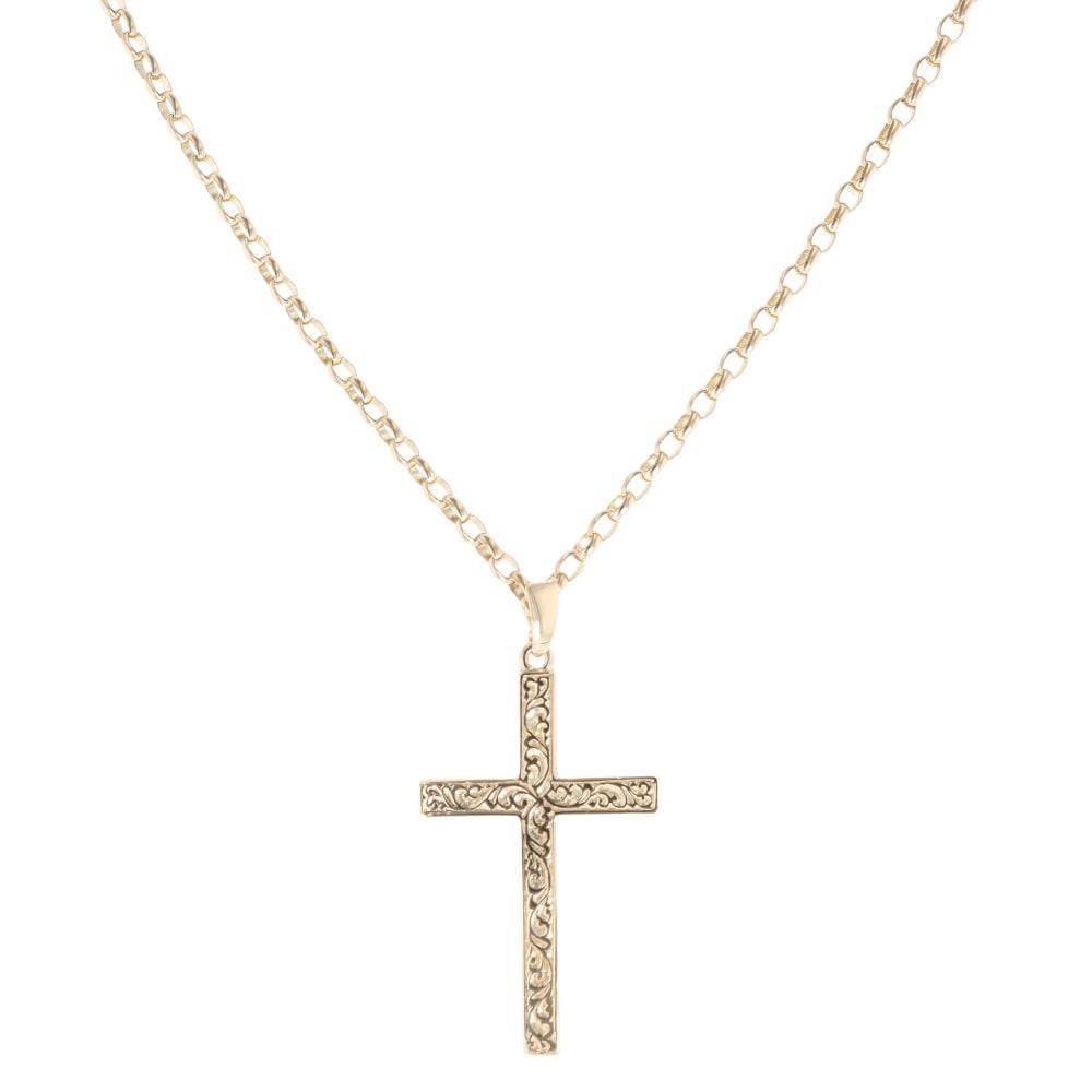 9ct Yellow Gold Filigree Patterned Cross and Chain 22"