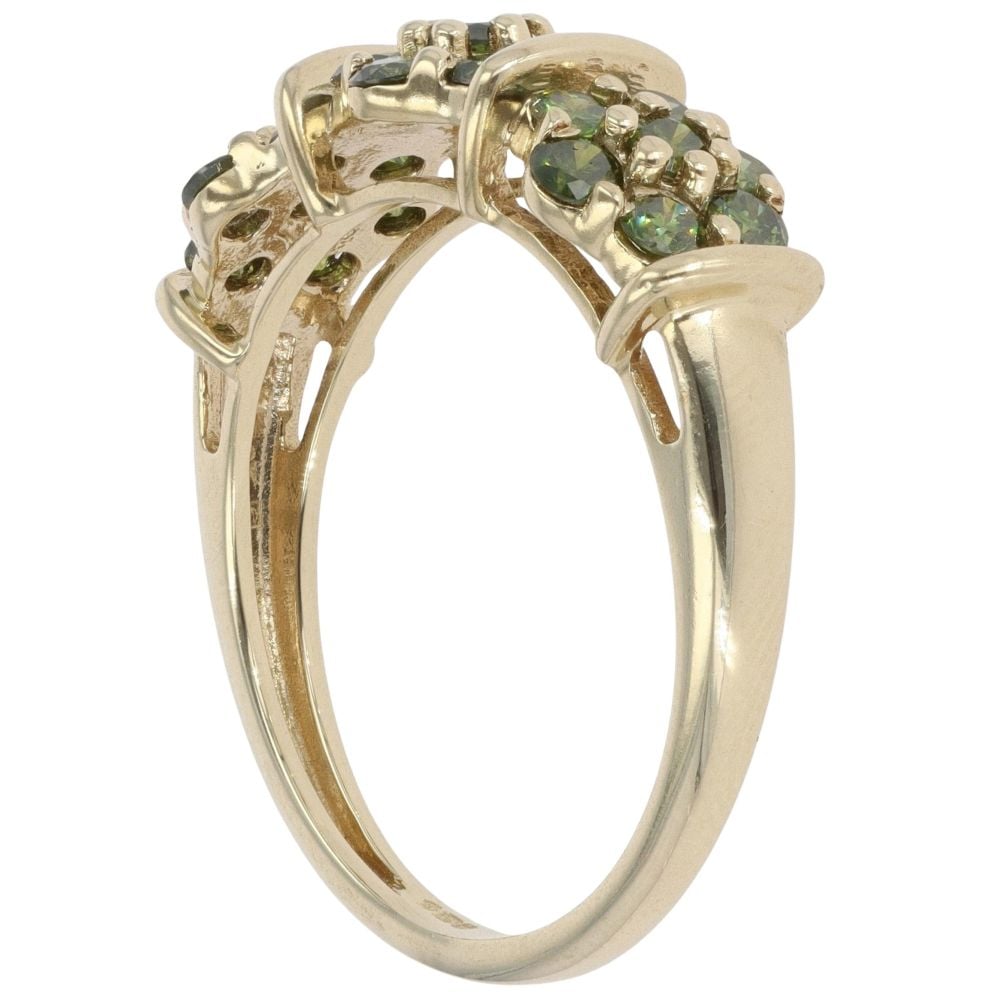9ct Yellow Gold 1.00ct Brilliant Cut Green Diamond Triple Cluster Ring