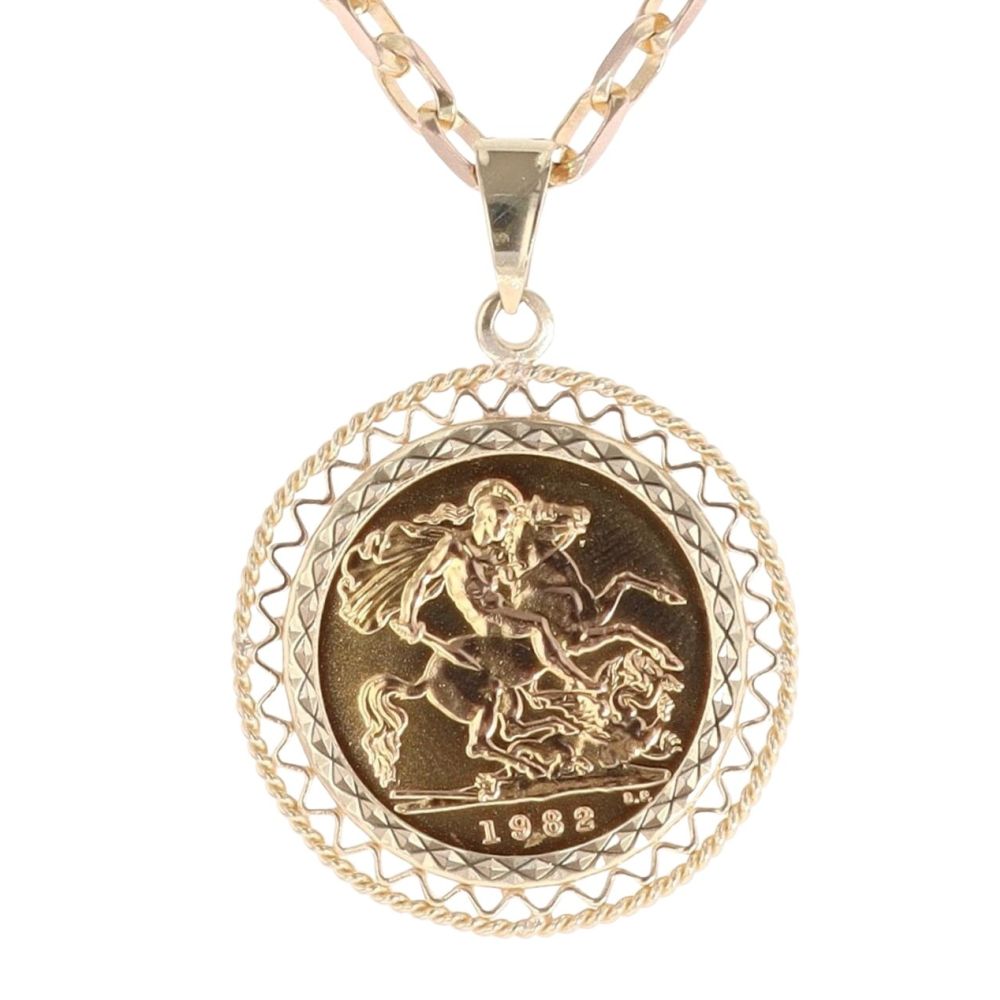9ct Yellow Gold 1982 Elizabeth Half Sovereign Coin Pendant and Chain 24 ...