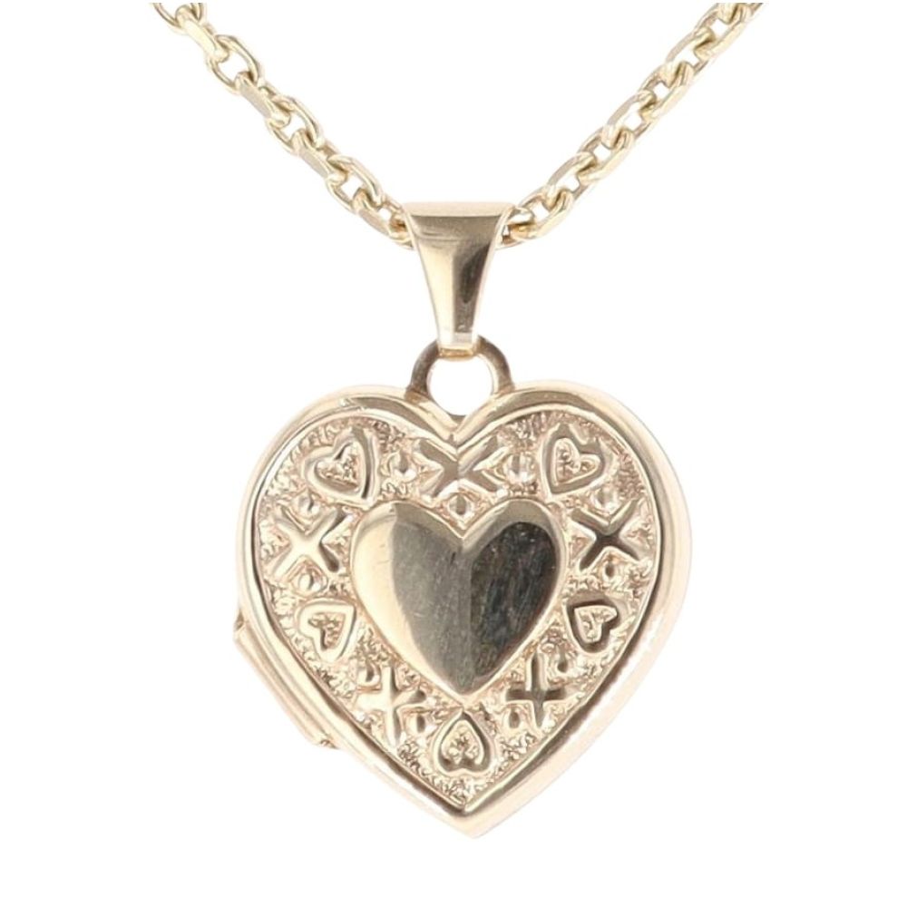 9ct Yellow Gold Patterned Heart Locket Pendant and Chain 16"