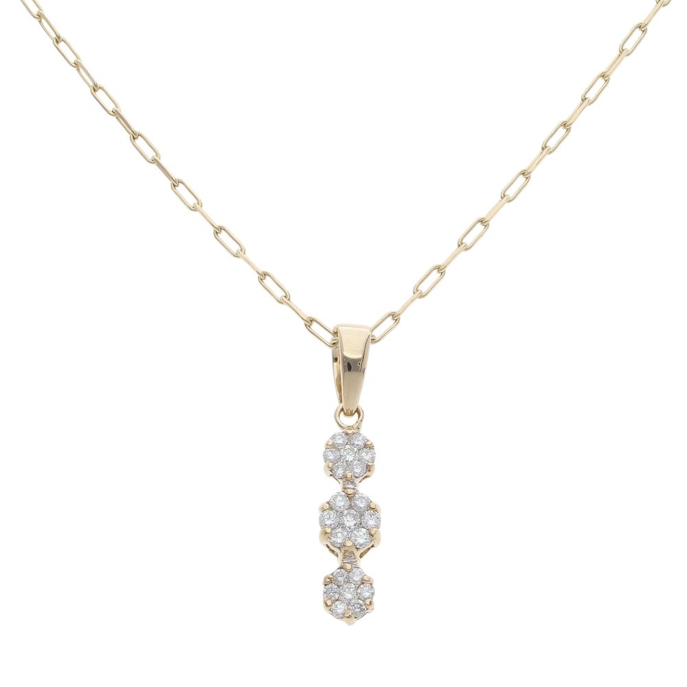 14ct Yellow Gold 0.50ct Diamond Triple Cluster Pendant and Chain 16"