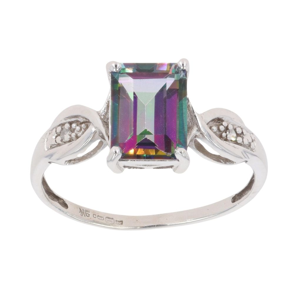 9ct White Gold 0.05ct Diamond And Mystic Topaz Ring