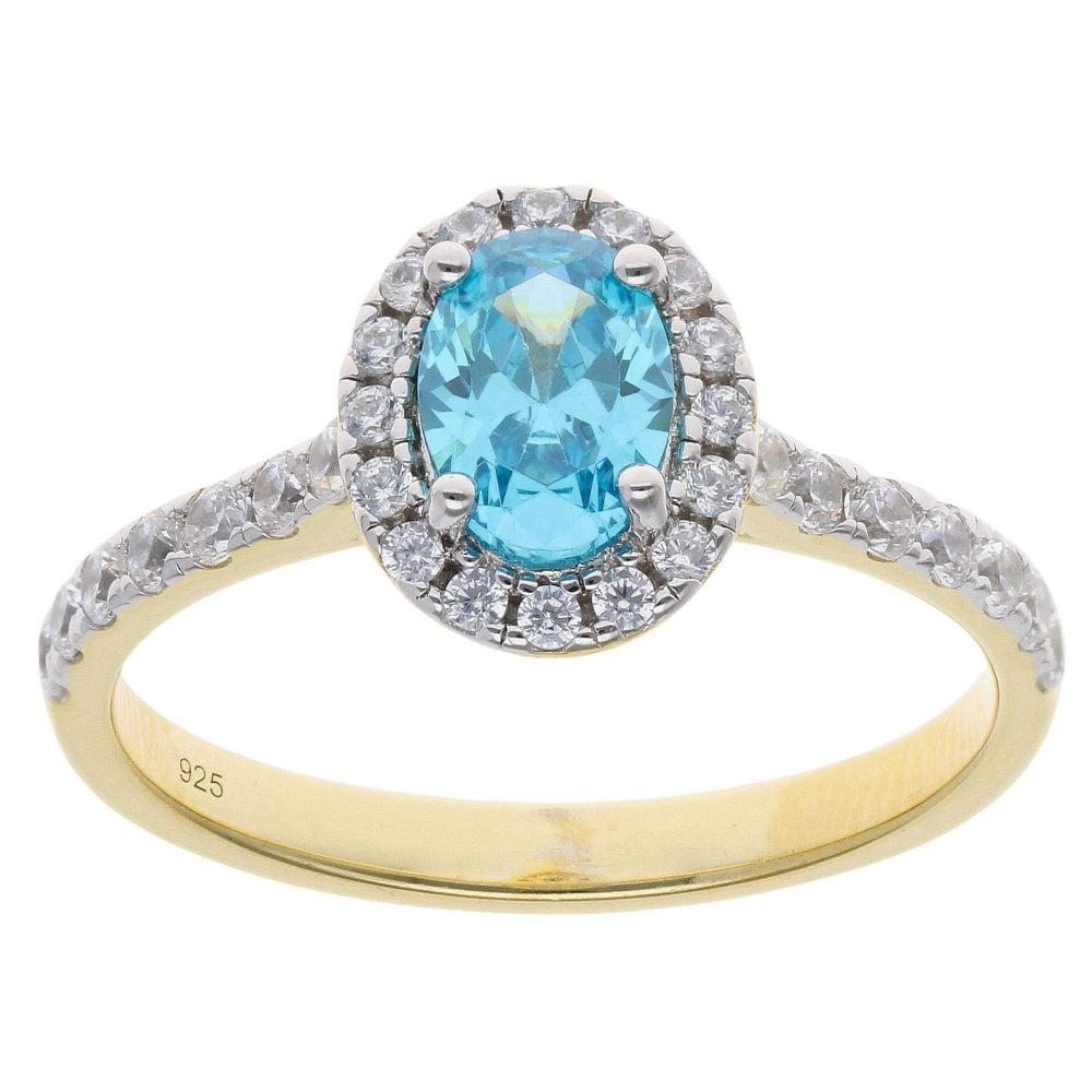 Gold Plated Silver Aquamarine And Cubic Zirconia Cluster Ring