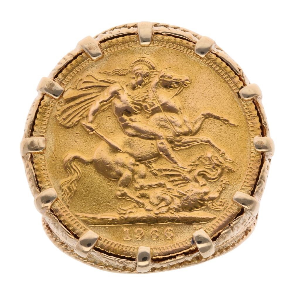 9ct Yellow Gold 1966 Elizabeth II Full Sovereign Coin Ring