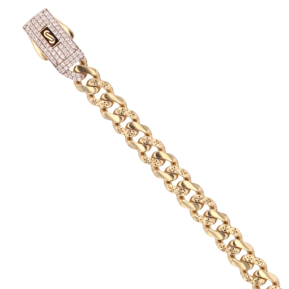 14ct Yellow Gold Monaco Classic Alternate Flex Pave Lock Curb Bracelet 7"