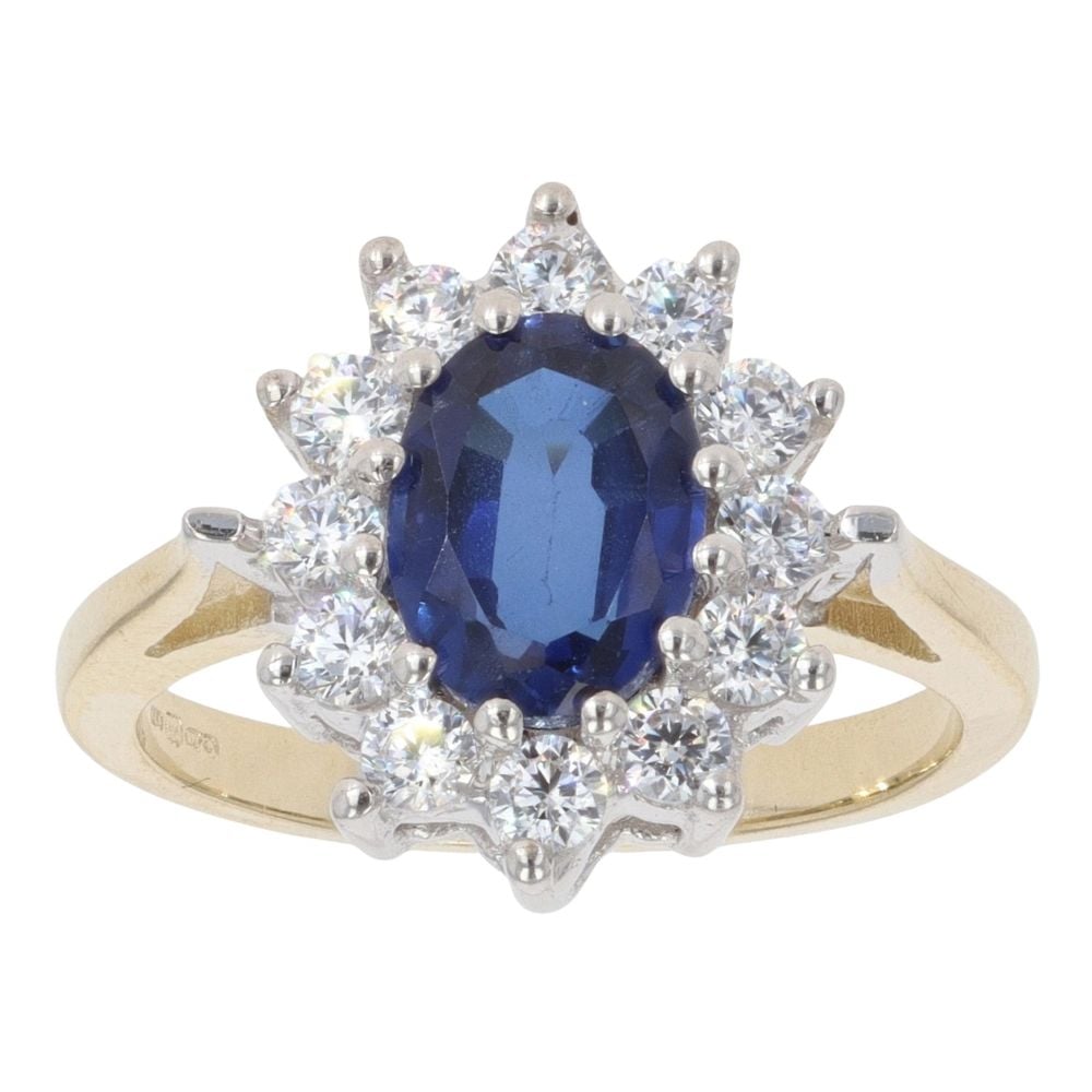 9ct Yellow Gold Cubic Zirconia and Blue Gemstone Cluster Ring