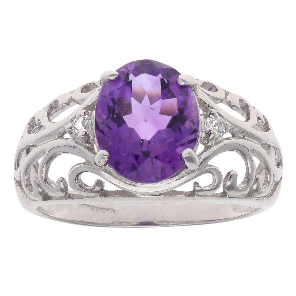 9ct White Gold Amethyst And Cubic Zirconia Single Stone Ring