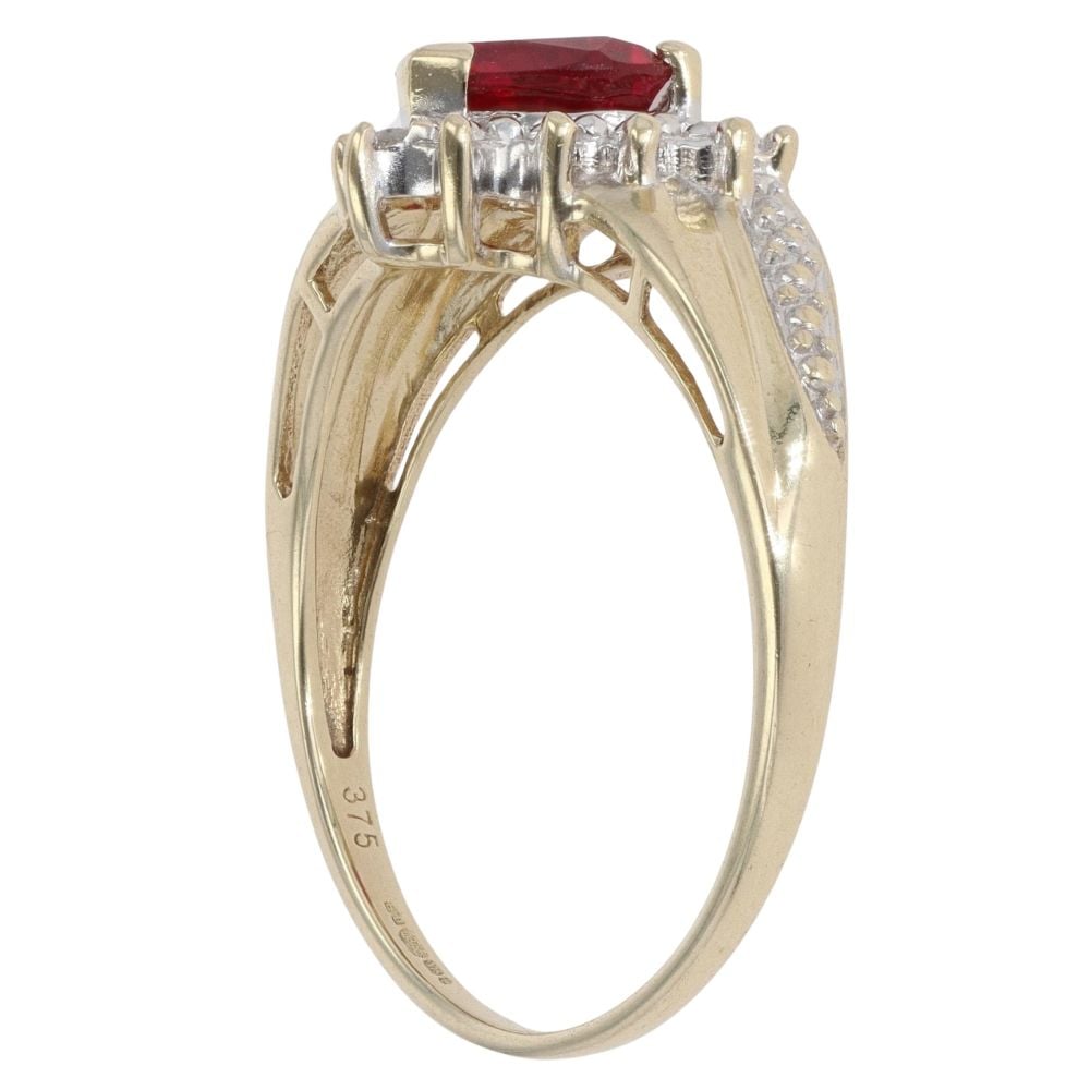 9ct Yellow Gold Created Ruby and 0.05ct Diamond Heart Cluster Ring
