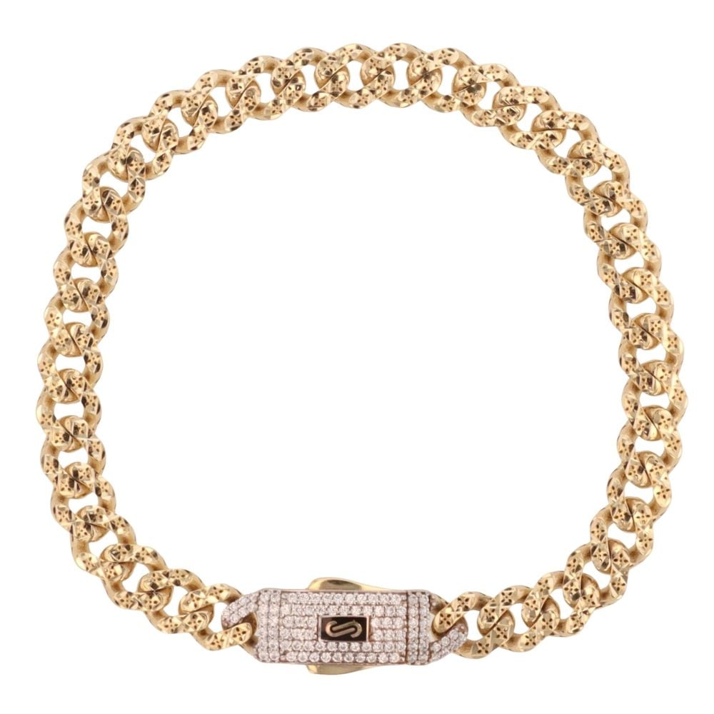 14ct Yellow Gold Monaco Classic Pave Lock Curb Bracelet 7"