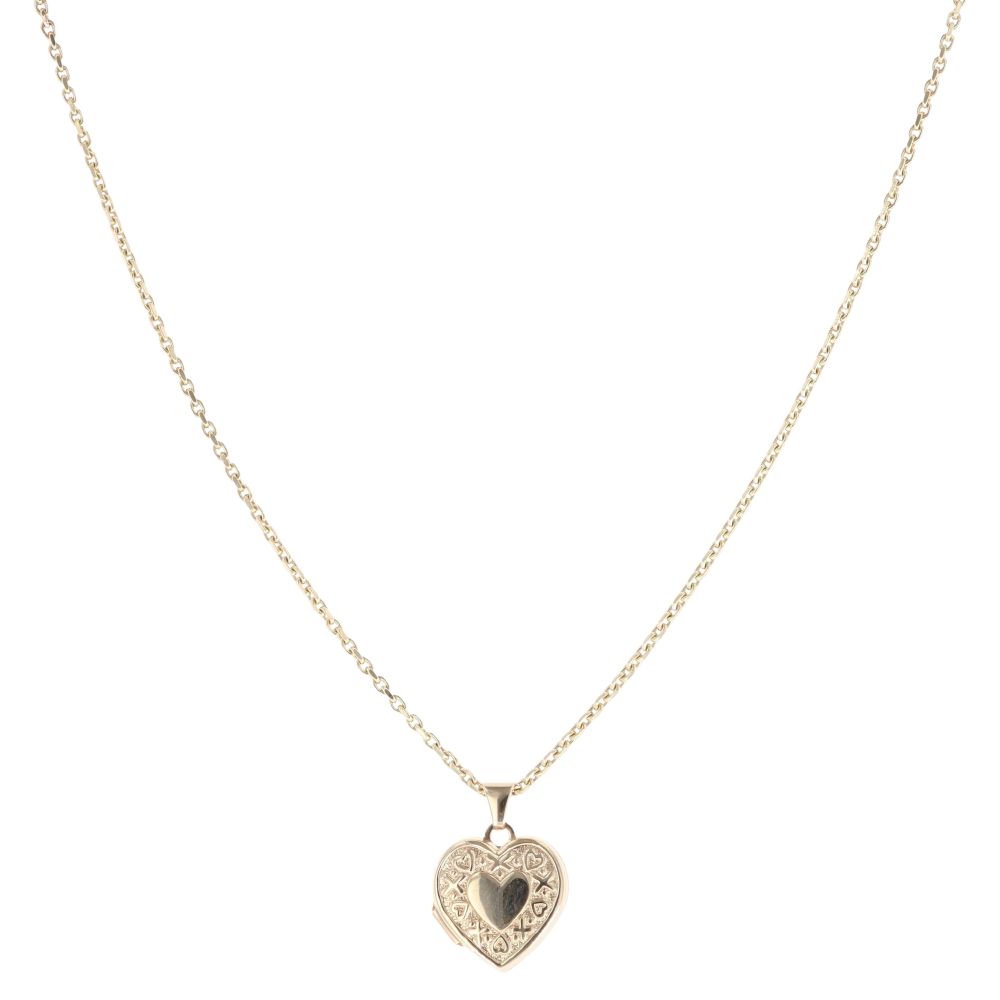 9ct Yellow Gold Patterned Heart Locket Pendant and Chain 16"