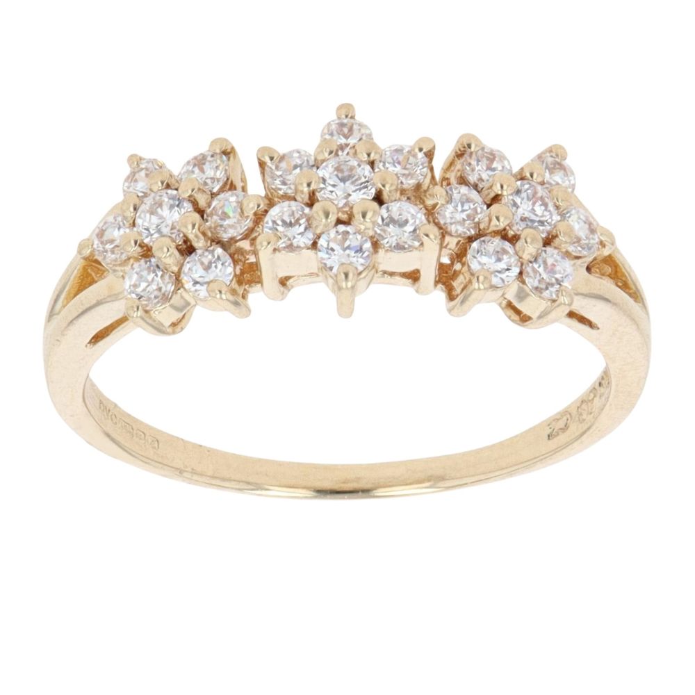 14ct Yellow Gold Cubic Zirconia Triple Cluster Ring