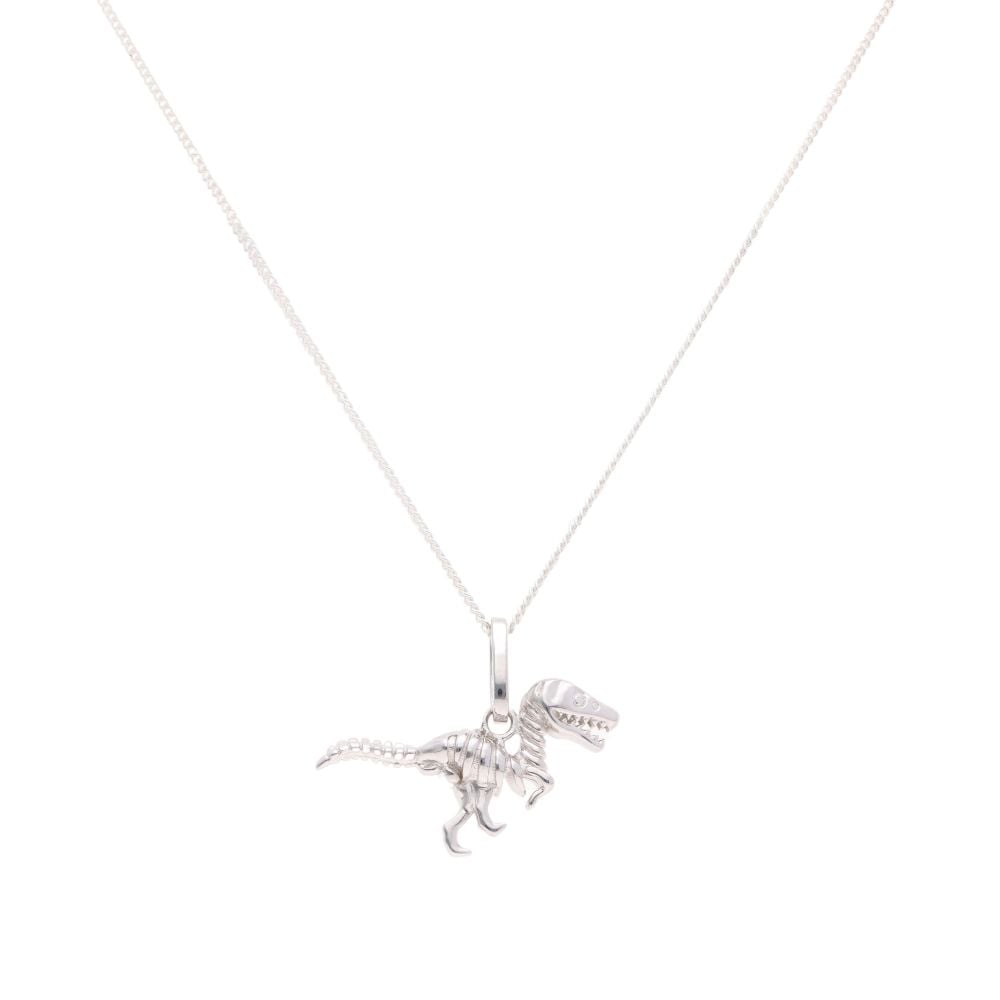 Silver T-Rex Skeleton Pendant and Curb Chain 18" by Icesia