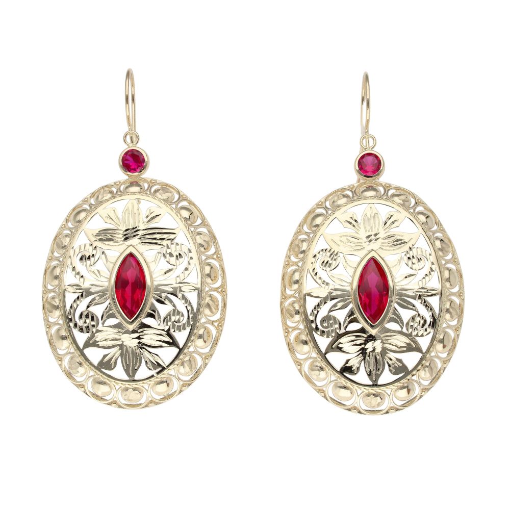 14ct Yellow Gold Red Gemstone Oval Drop Earrings