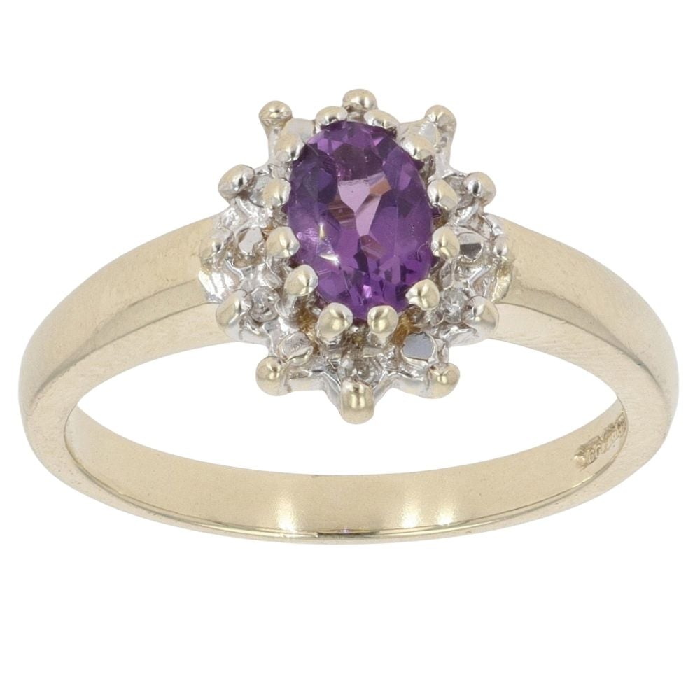 9ct Yellow Gold 0.05ct Diamond and Amethyst Cluster Ring