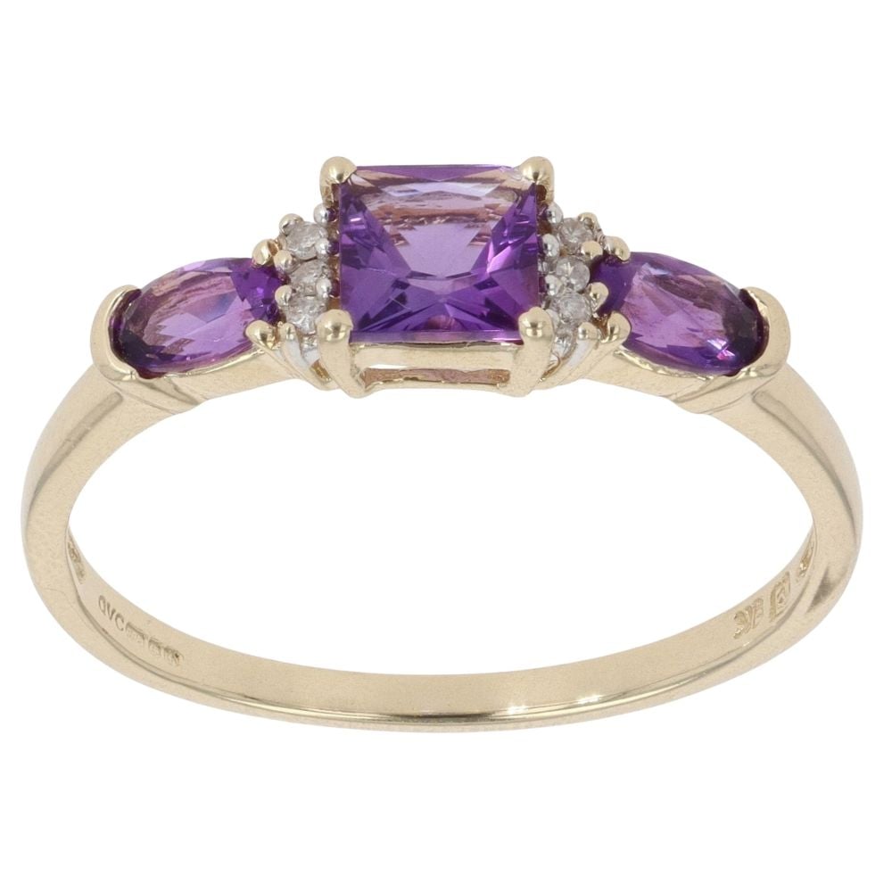 9ct Yellow Gold 0.05ct Diamond and Amethyst Three Stone Ring