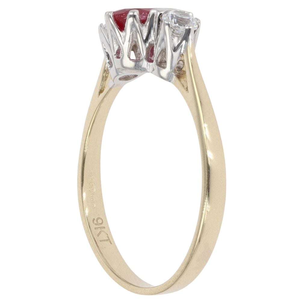 9ct Yellow Gold Cubic Zirconia and Red Gemstone Three Stone Ring