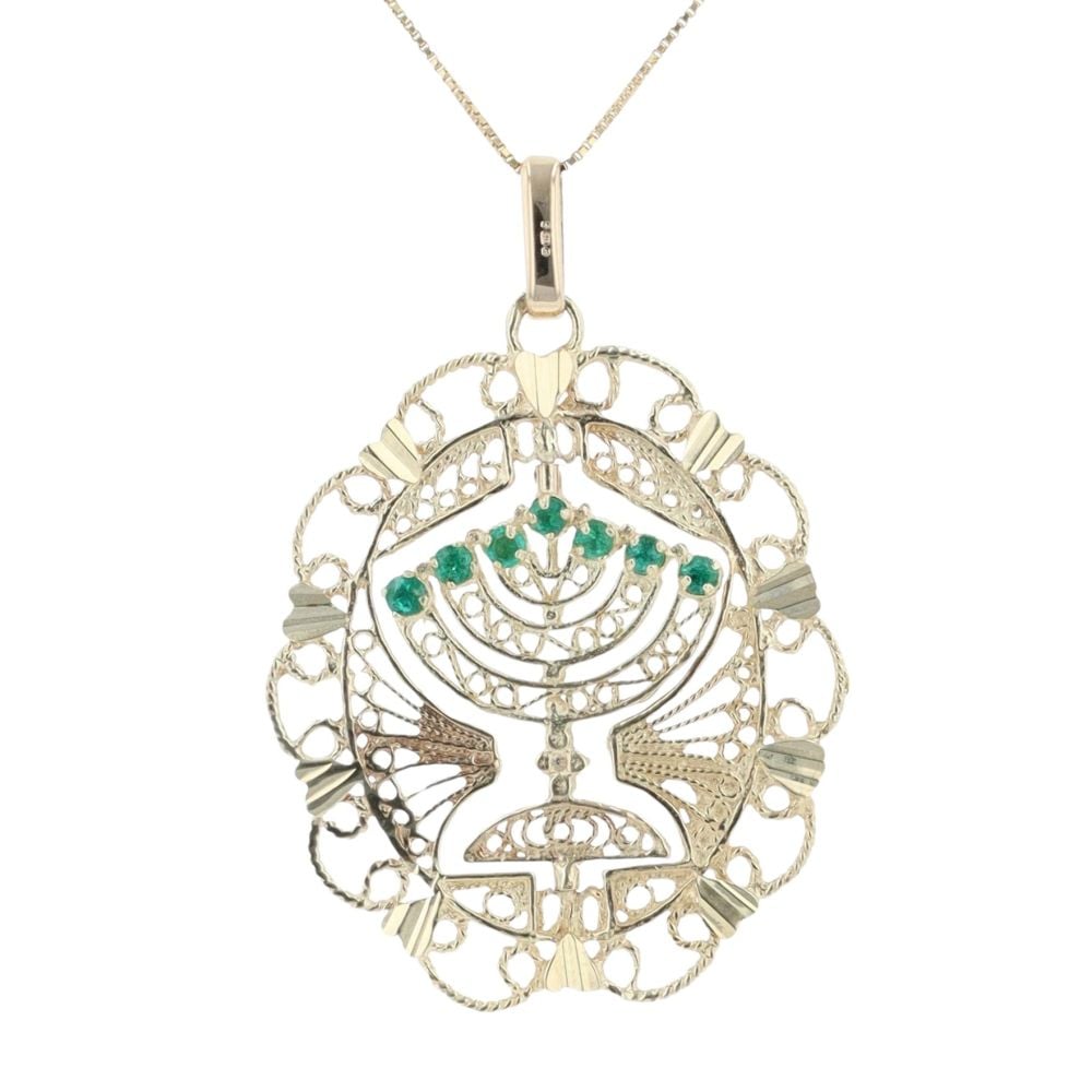 9ct Yellow Gold Emerald And Sapphire Menorah Pendant And Chain 18"