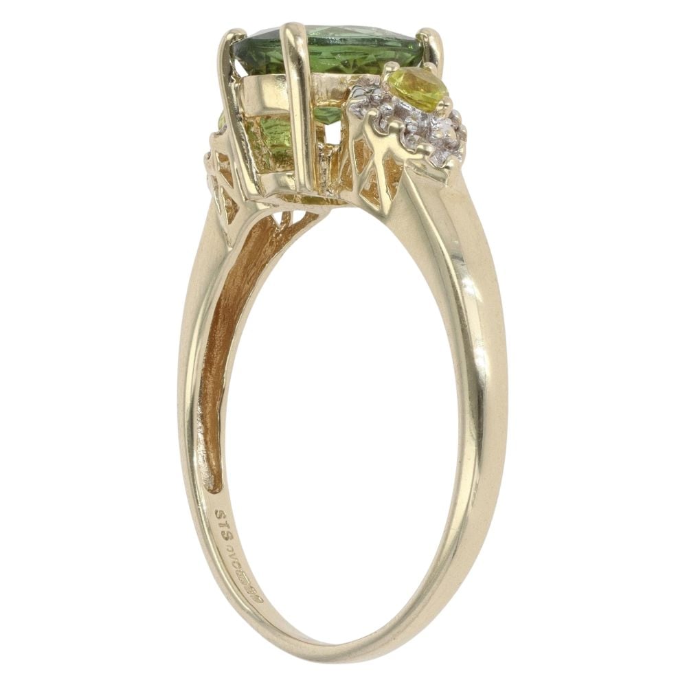 9ct Yellow Gold 0.10ct Diamond and Green Tourmaline Fancy Ring