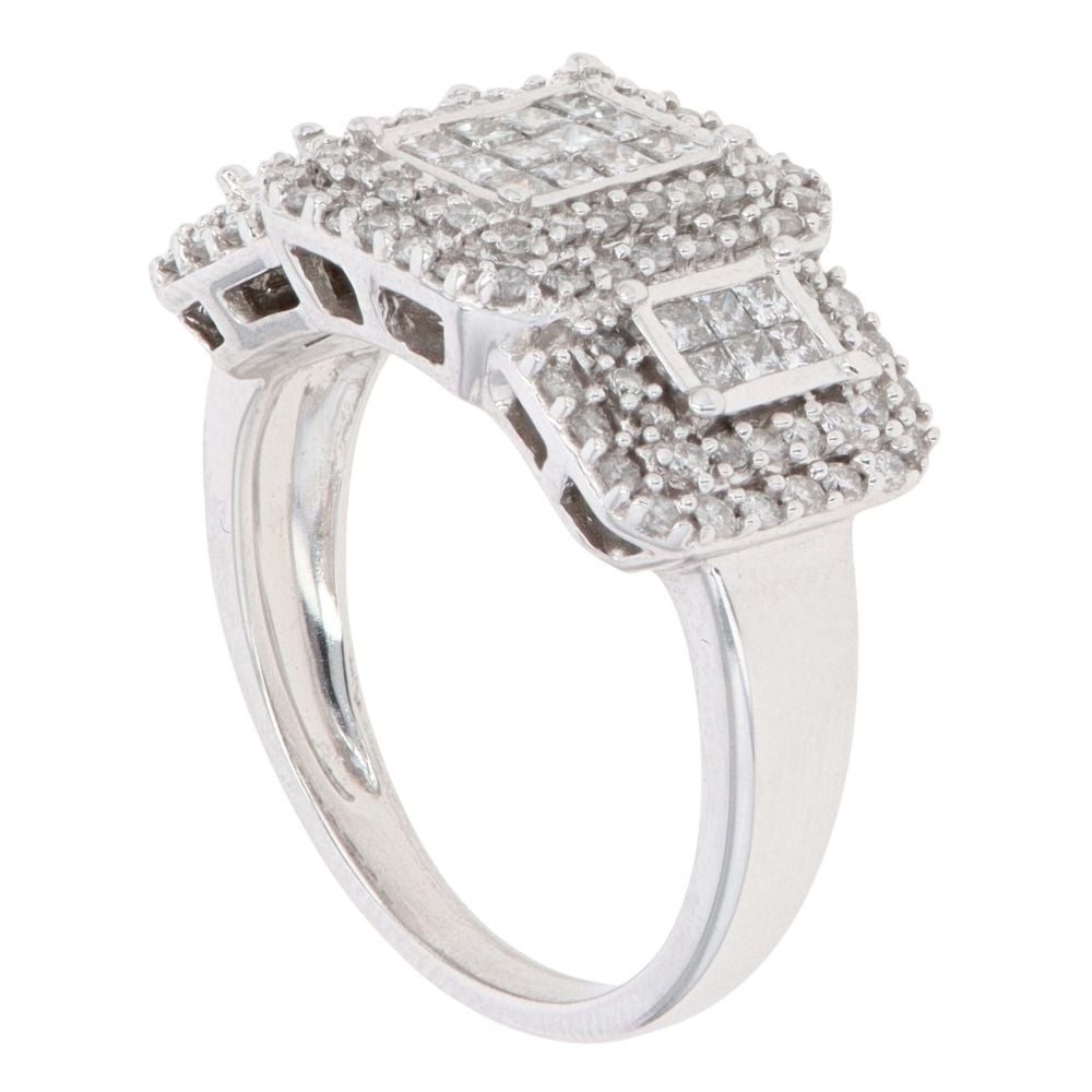 18ct White Gold 1.00ct Brilliant And Princess Cut Diamond Triple Cluster Ring
