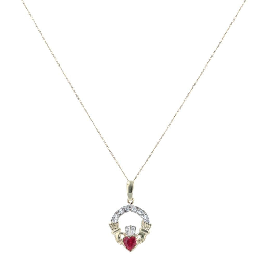 9ct Yellow Gold Cubic Zirconia And Created Ruby Claddagh Pendant And Chain 18"