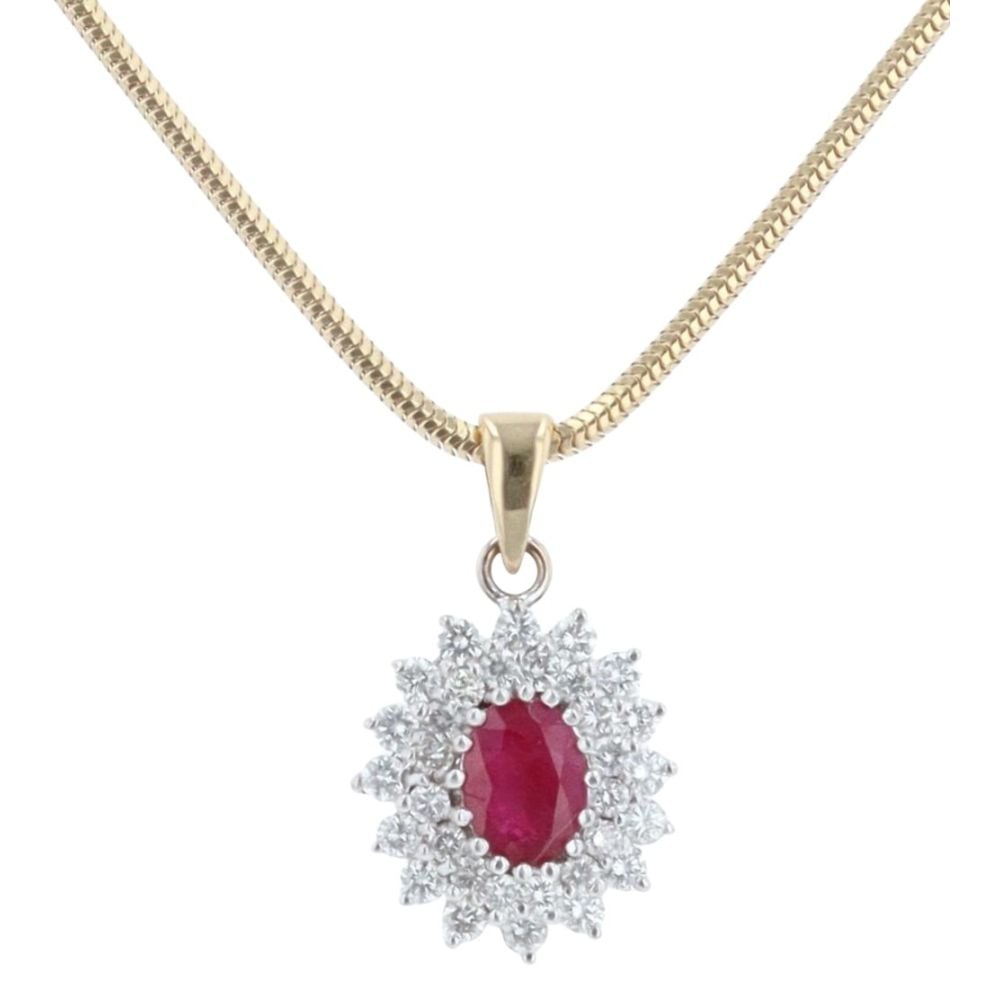 18ct Yellow And White Gold 0.90ct Brilliant Cut Diamond And Ruby Cluster Pendant And Chain 18"