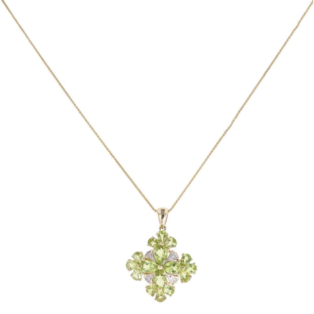 9ct Yellow Gold 0.02ct Diamond and Peridot Cluster Pendant and Chain 18"