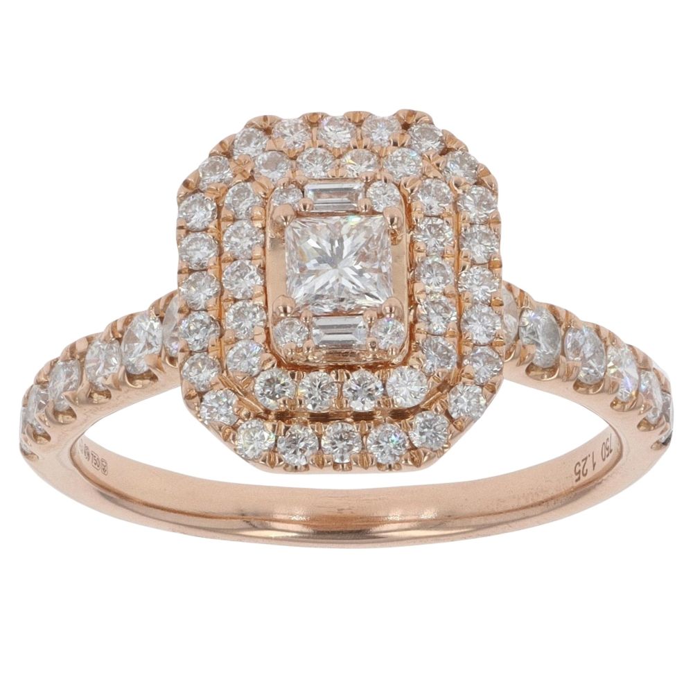 18ct Rose Gold 1.25ct Princess, Baguette And Brilliant Cut Diamond Cluster Ring
