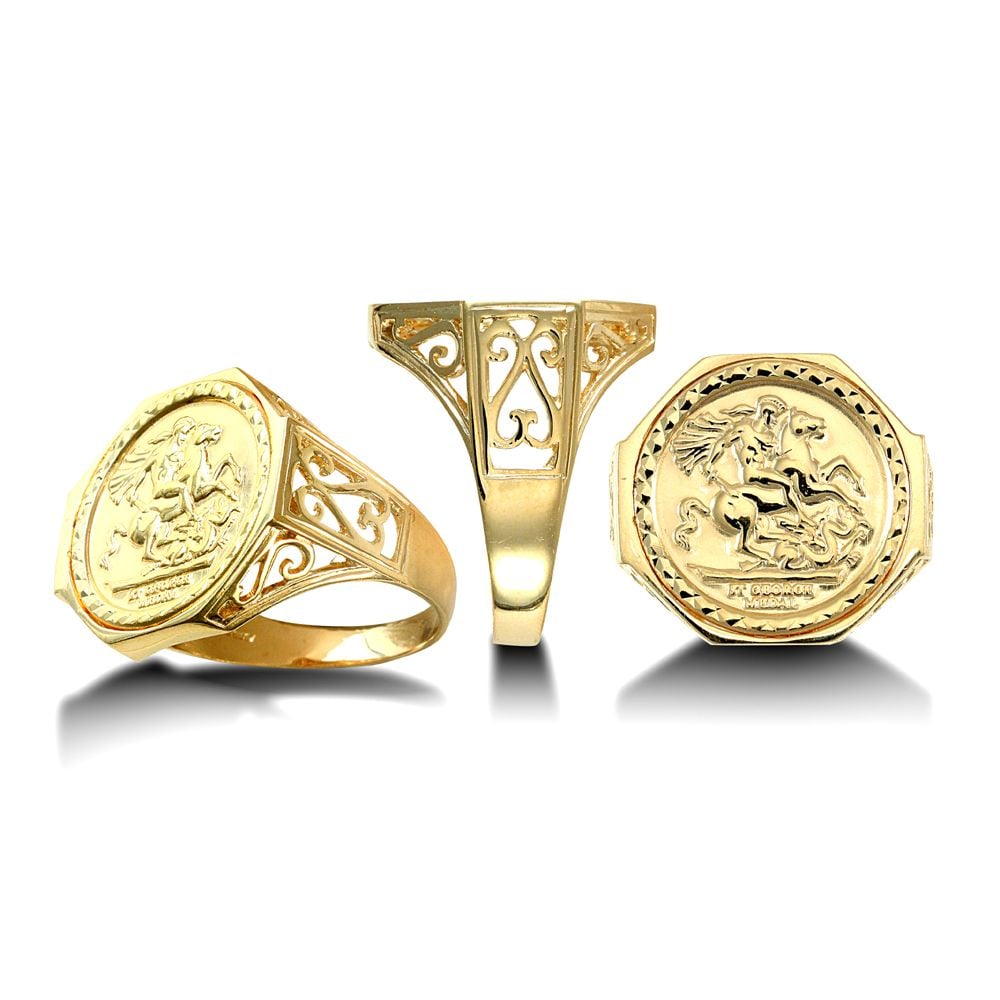 9ct Yellow Gold Half St George Insert Hexagonal Ring