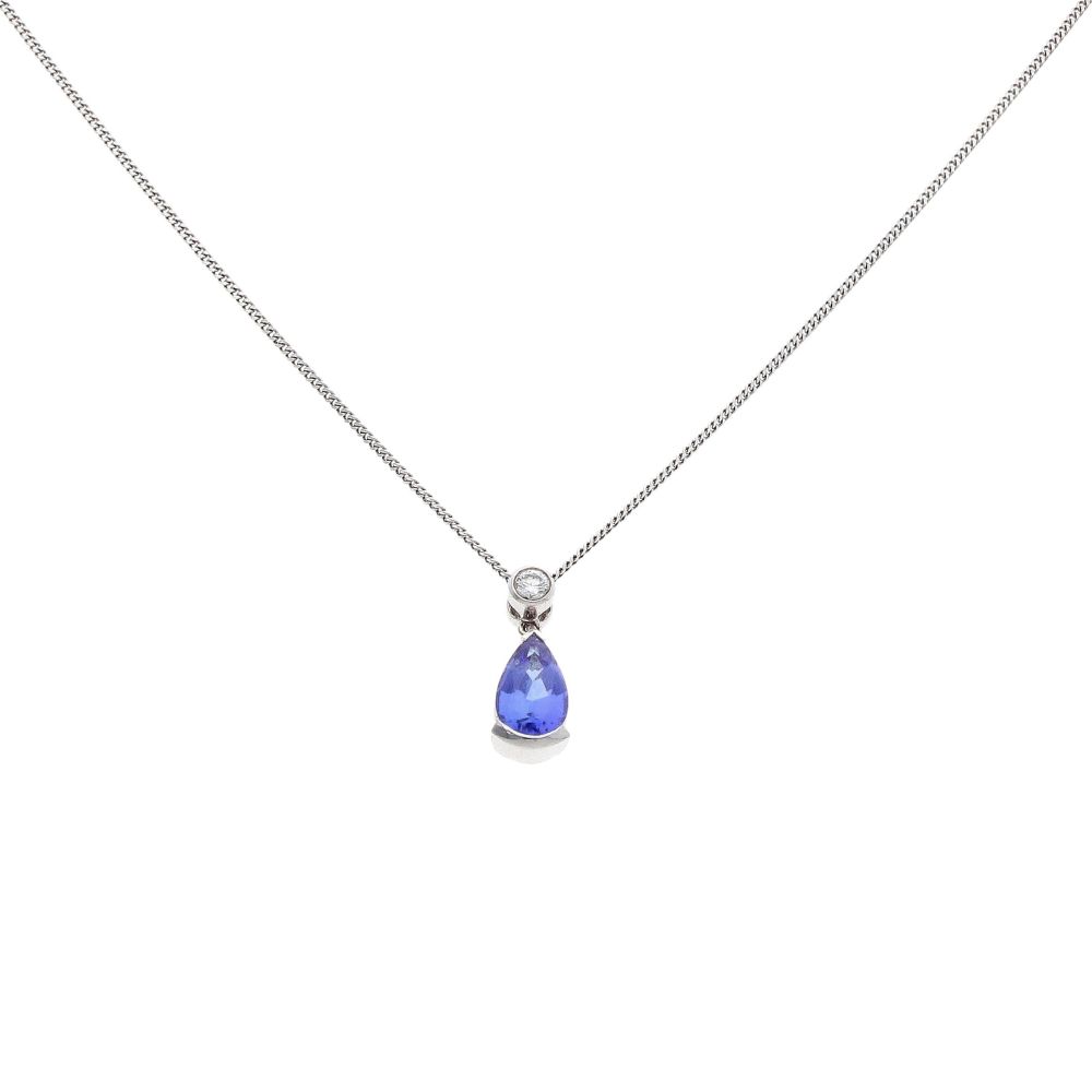 18ct White Gold 0.10ct Diamond And Tanzanite Pendant And Chain 16"