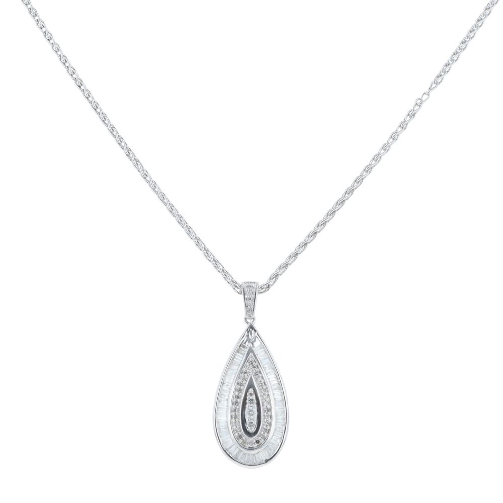 9ct White Gold 0.50ct Baguette And Brilliant Cut Diamond Cluster Pendant And Chain 20"