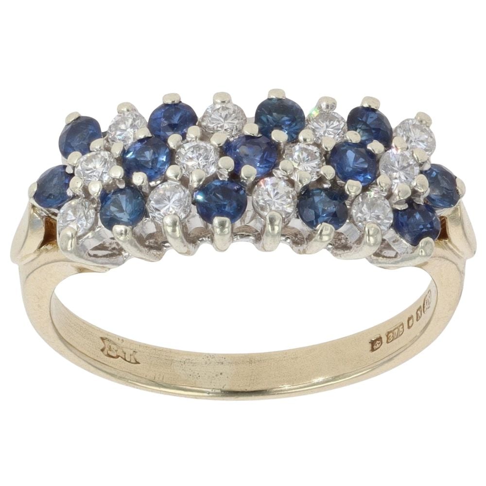 9ct Yellow Gold 0.24ct Diamond and Sapphire Three Row Ring