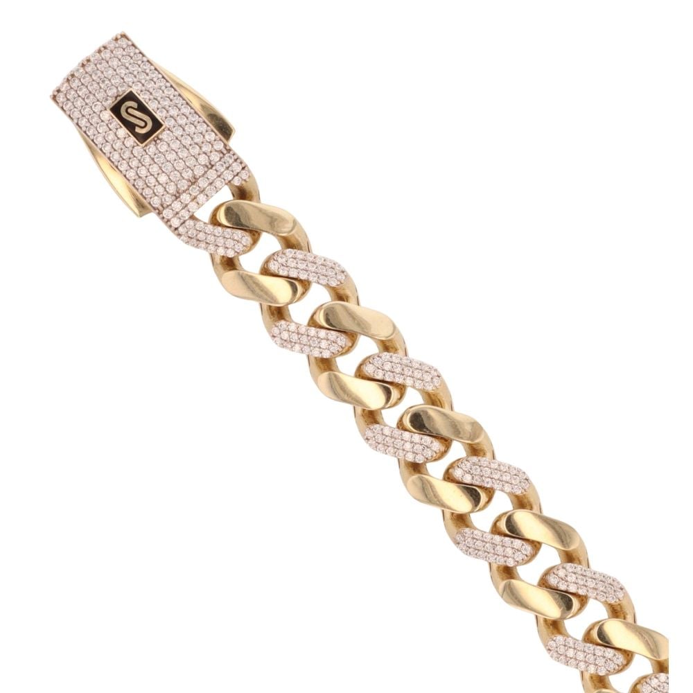 14ct Yellow Gold Monaco Classic Alternate Plain and Pave Lock Curb Bracelet 7"